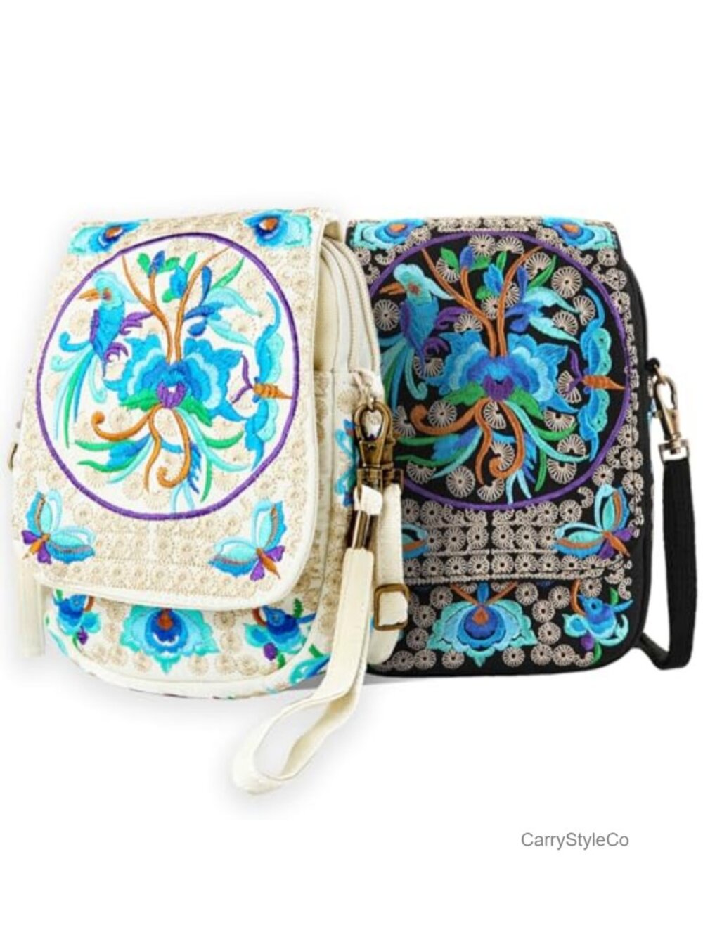 Canvas Floral Embroidered Crossbody Pouch 2 Pack 3 Compartments Small Purse